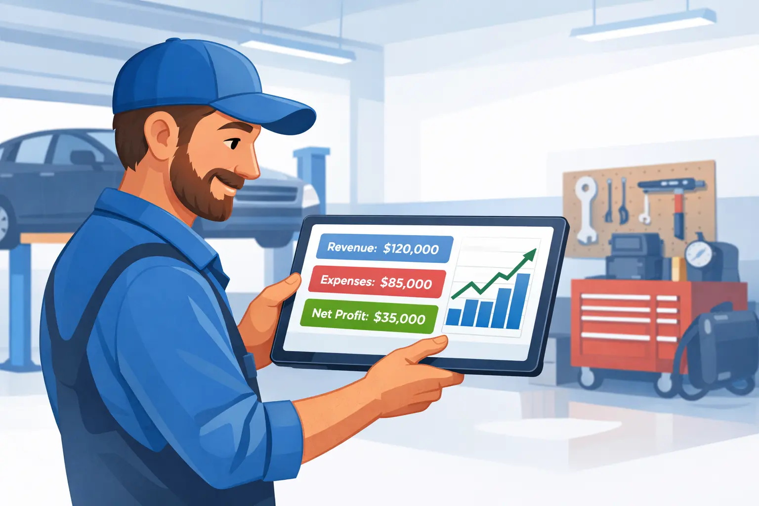 Auto repair shop monthly profit calculator showing revenue, parts cost, labor, overhead, and net margin breakdown for independent garages