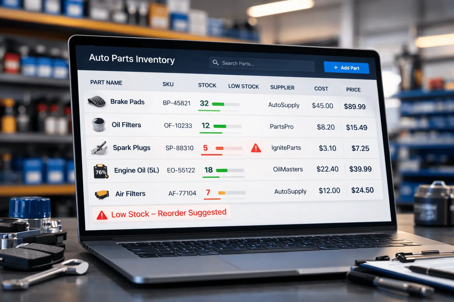 Garage auto parts inventory management software Smart auto parts inventory control dashboard for auto repair shops