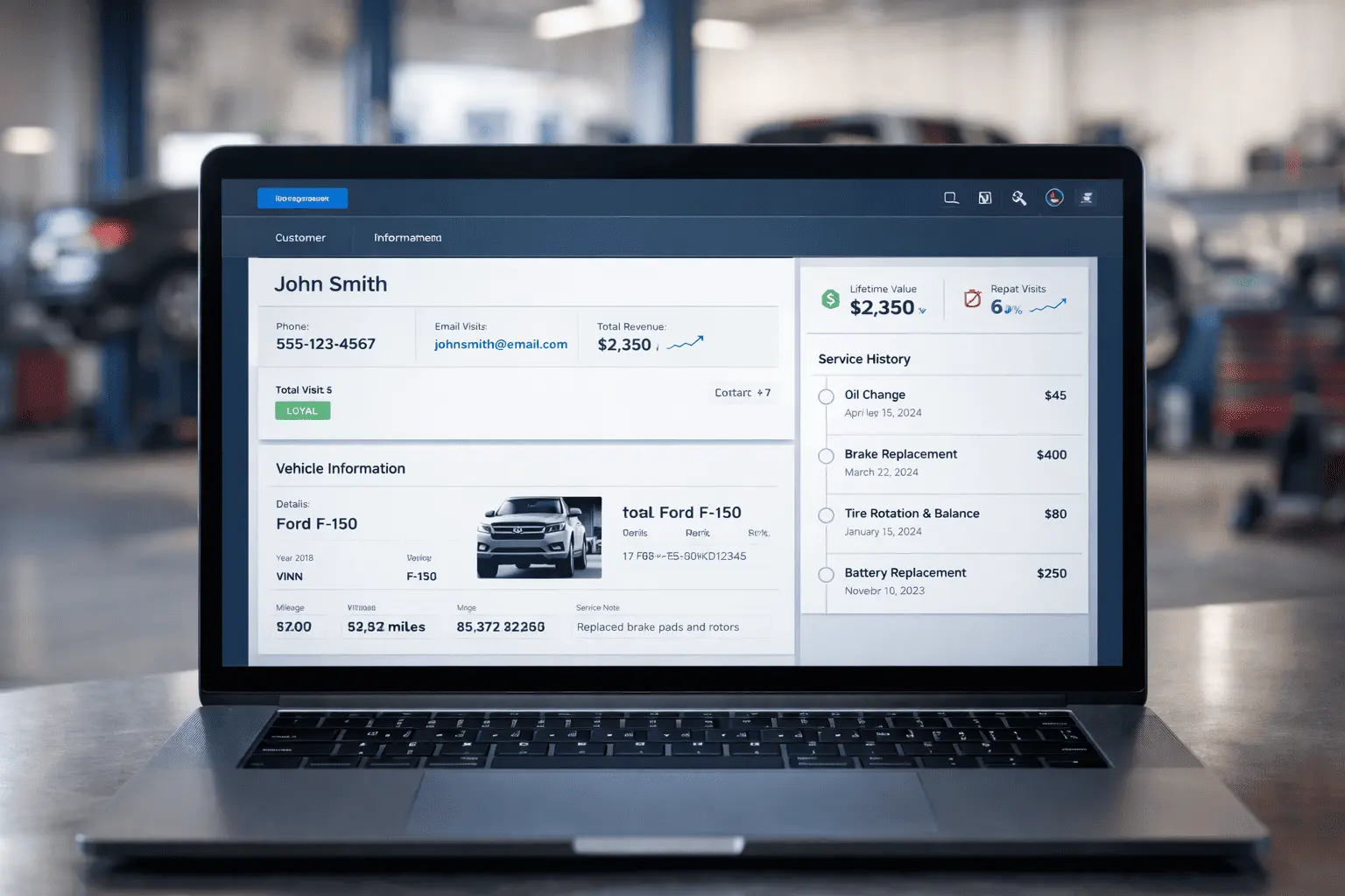 Garage customer management system with service history tracking Garage customer management system with service history tracking