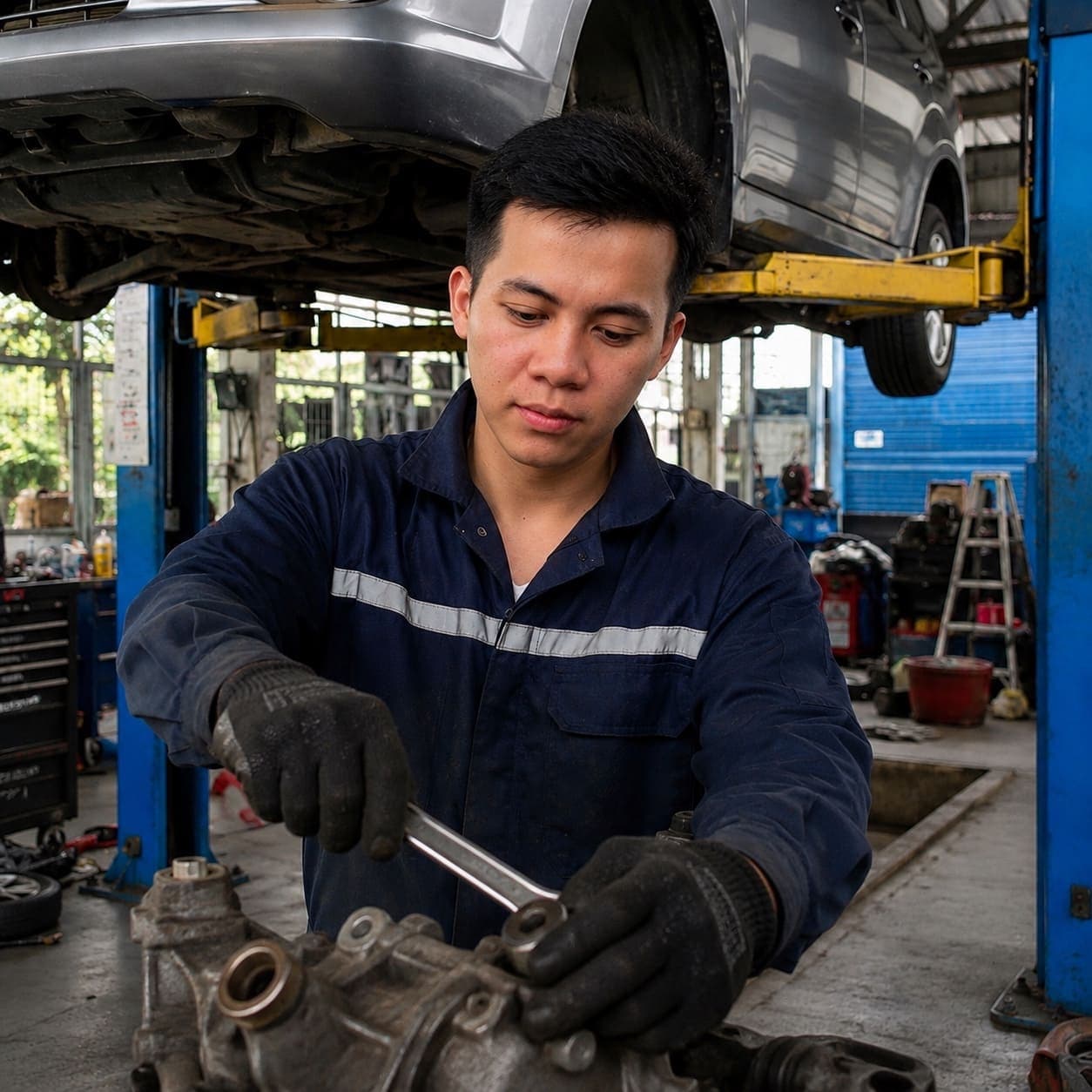 Steve, founder of Garixo, working in an auto repair shop
